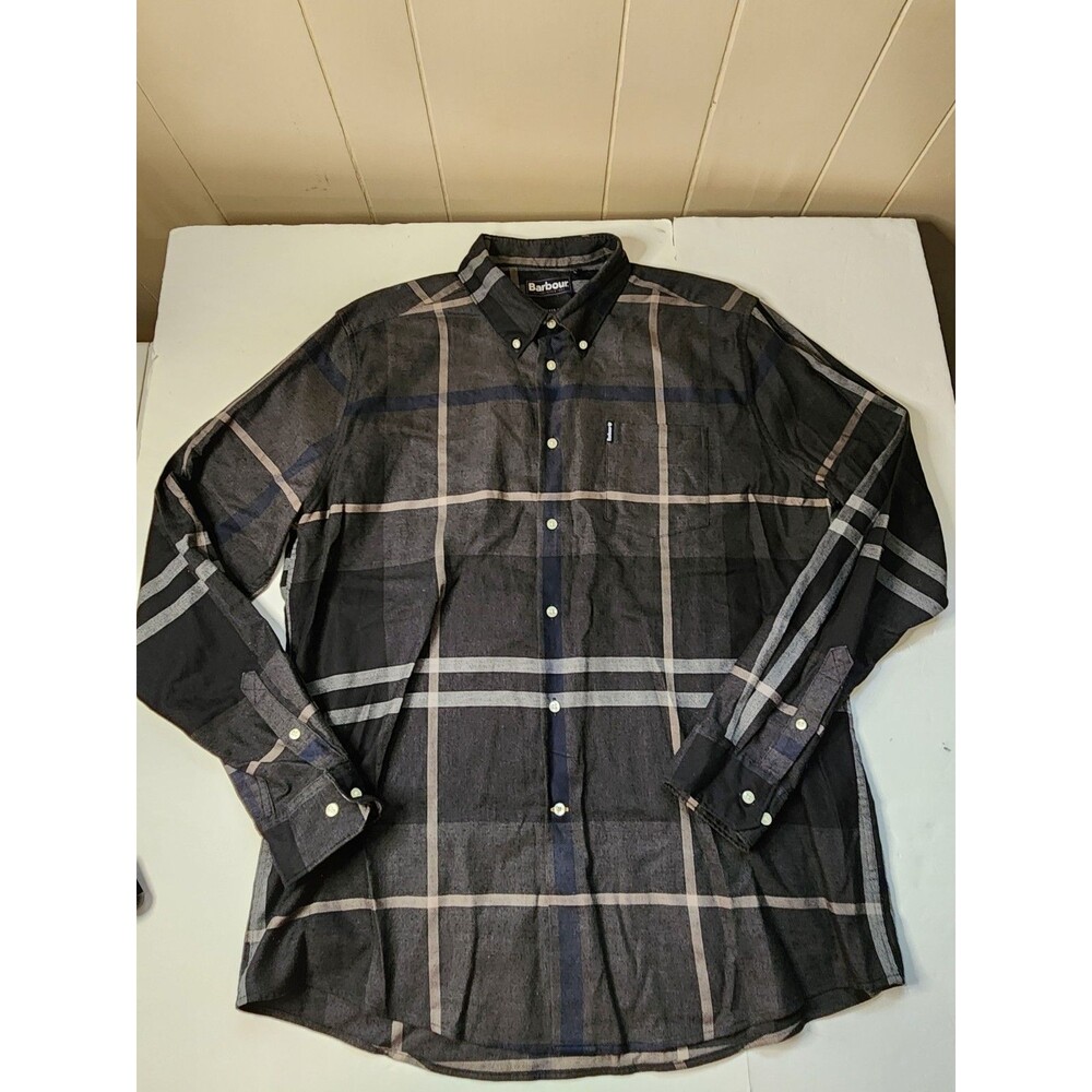 Barbour Dunoon Shirt Mens XL Grey Plaid Tartan Pattern Preppy